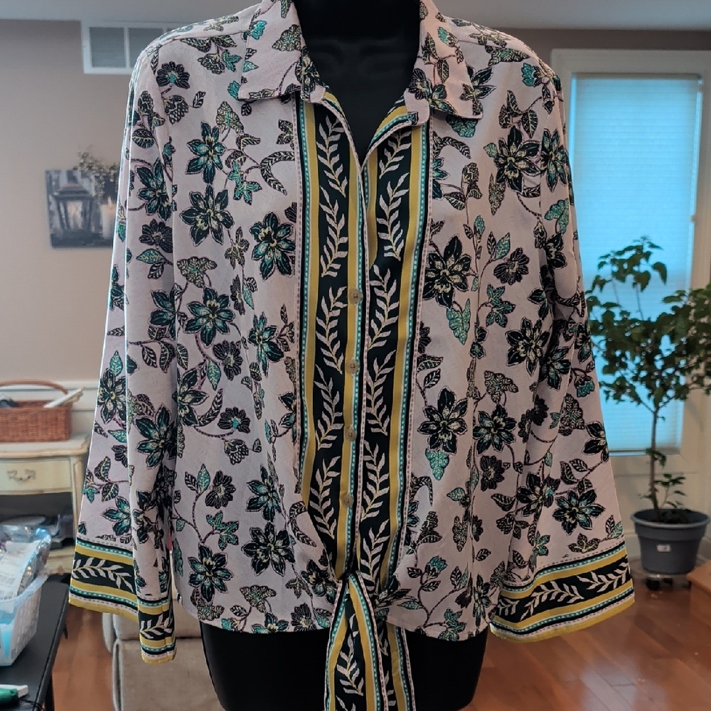 LOFT Floral Tie-Front Blouse in Green and Black